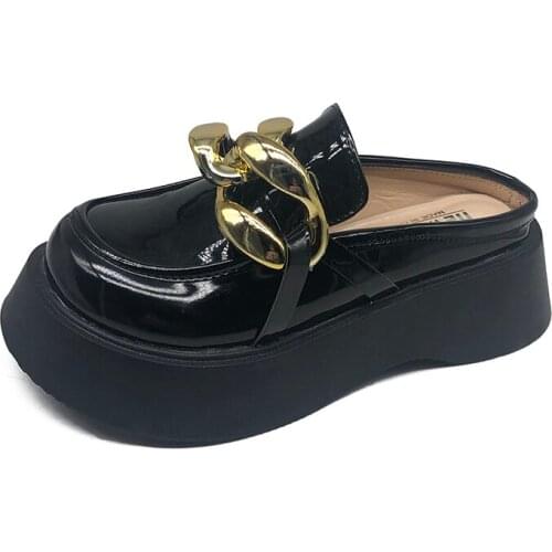 Women Wedges Slippers 2021 Summer Fashion Closed Toe Leather Shoes Loafers High Platform Slippers Women High Heels Mules Shoes