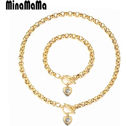 Luxury Heart Shape Stainless Steel Jewelry Sets OT Buckle Crystal Heart Pendant Necklace Bracelets sets For Women Jewelry