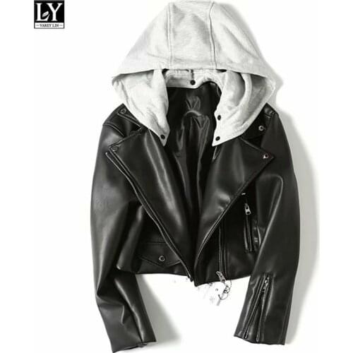 Ly Varey Lin Hooded Faux Soft Leather Women Short Pu Jacket Motorcycle Zipper Hat Detachable Female Coat Punk Black Outerwear