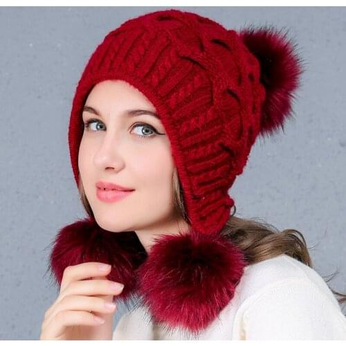 Lady Knitted Wool Hat Girls Pompom Ball Cap Female Warm Knitting Hats Wool Hat Three-wool Cap Double Layer Rabbit Hair Hat A79