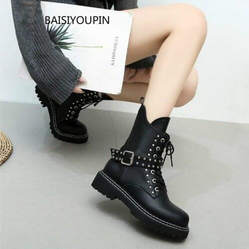 Winter/Autumn Women Mid-Calf Boots Punk PU Round Toe Rivet 5cm High Heels Solid Martin Booties Female Pumps Shoes Cross-tied