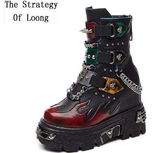 Spring Autumn Women Rivet Metal Chain Buckle Belt Short Equestrian Boots Winter Lady Plush Platform Ankle Chunky Boots 1912