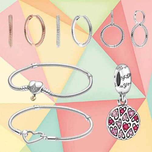 2021 New 925 Sterling Silver Rose Gold Double Hoop Earrings, Shiny Heart Pendant, Fashion Jewelry Gift For Ladies