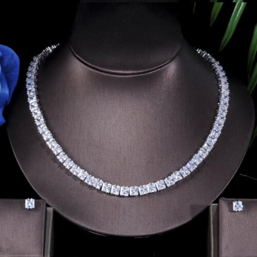 ThreeGraces Shinning Princess Cut Cubic Zirconia Jewelry Set White Gold Color Choker Necklace Earrings For Party Women JS128