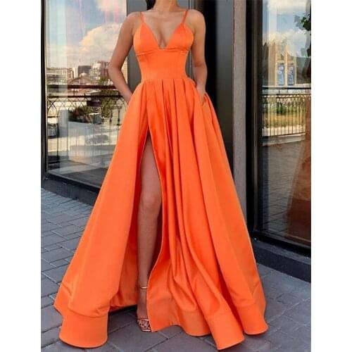 Long Satin V Neck Prom Dresses with Pockets Spaghetti Straps A Line High Split Formal Evening Party Gowns Women Robe De Soiree