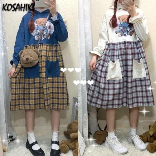 KOSAHIKI Harajuku Autumn Long Sleeve Dresses Women Vintage Bear Print Plaid Goth Elegant Dress 2021 Japan Kawaii Basic Vestido