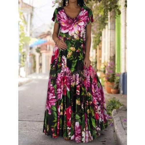 Round neck womens long skirt with regular sleeves 2021 spring summer new fashion digital printing casual dress