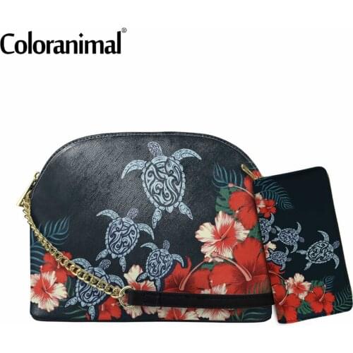 2Pcs/Set Ladies Crossbody Bag&Wallet HawaiiHawaii Kanaka Maoli Polynesian Turtle With Hibiscus Women Shell Bag PU Shoulder Bolsa