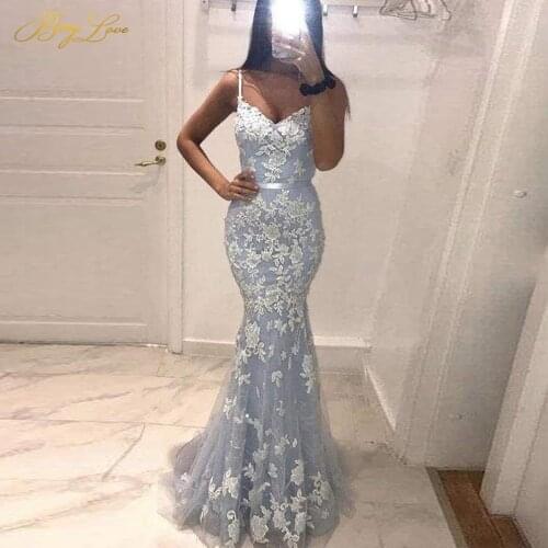 Berylove Mermaid Lace Prom Gown V neck High Waist Belt Evening Dress Long Light Blue Tulle Flower Applique Party Dress vestidos