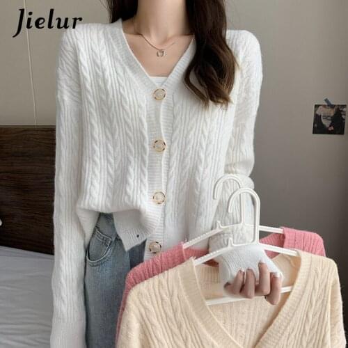Jielur Autumn Winter Korean Style Women Cardigan White Twist V-neck Knitted Sweater Single-breasted Short Girls Lady Sweaters