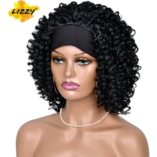 Short Hair Headband Afro Kinky Curly Wig HeadWrap Wigs With Turban Omber Glueless Wig For Black And White Women 8inch Lizzy Hair