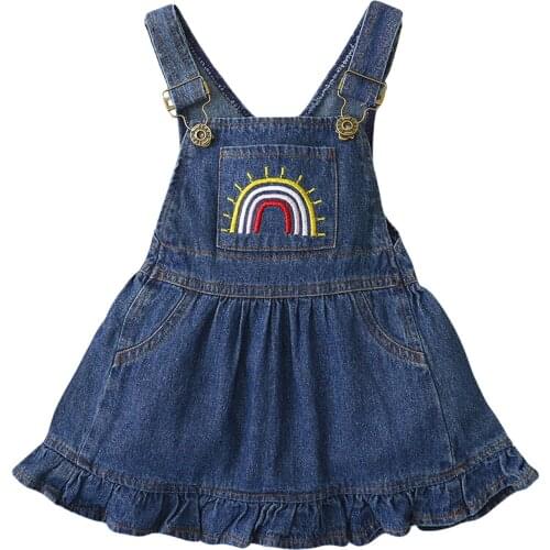 Baby Summer Clothing Baby Girl Fashion Suspender Denim Dress Sweet Rainbow Embroidered A-line Princess Dresses Pocket