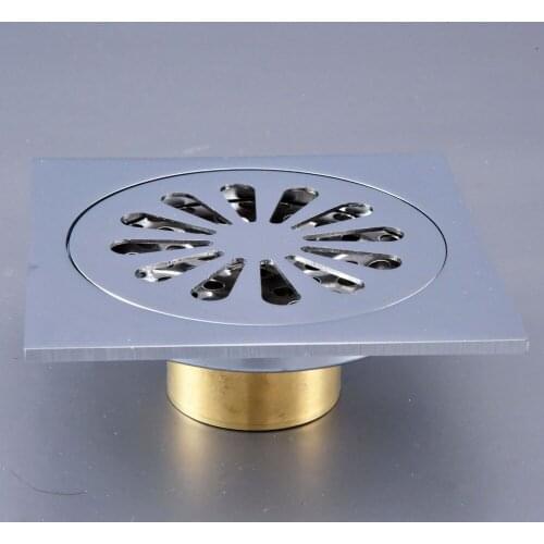 Polished Chrome Brass Carved Flower Pattern Bathroom Shower Drain 4" Square Floor Drain Waste Grates Bathroom Accessory mhr090