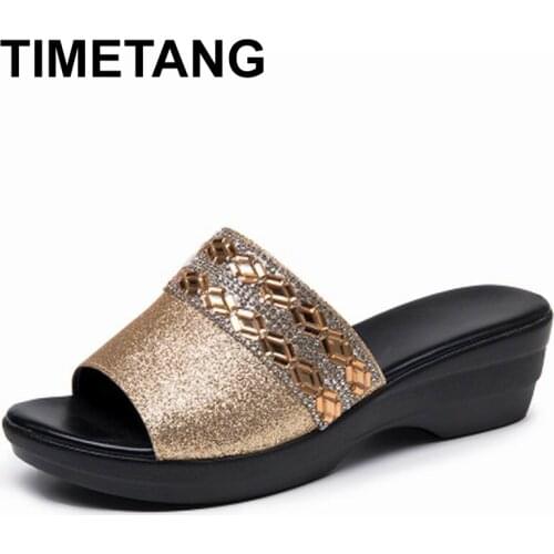 TIMETANG Women Slippers Genuine Leather Wedge Shoes Lace Up Heels Outside Slides Thick Platform Sole Beach Luxury Fashion Ladie