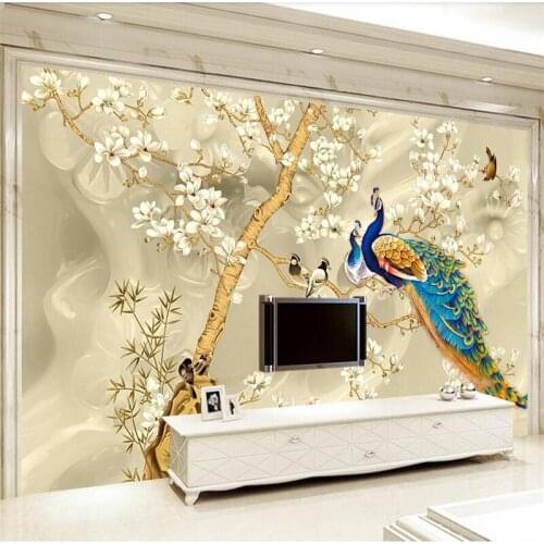 Wellyu Hand-painted bird map Peacock Magnolia TV background wall custom large mural green wallpaper papel de parede mural