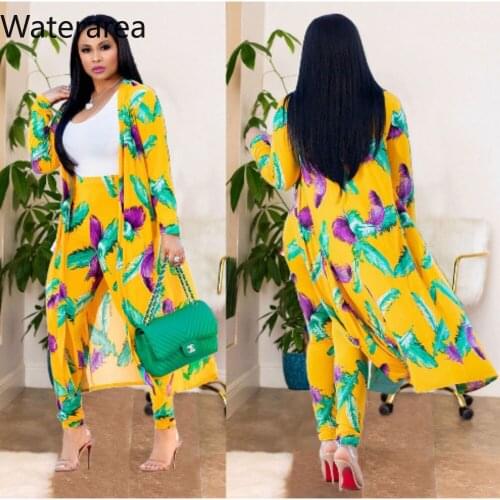 2019 Women New Printing Full Sleeve Cardigan Coat And Long Slim Pants Suit Fashion Sexy Casual Set Two Pieces Suits W5062