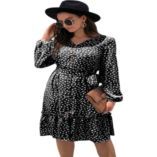 2021 High-Quality Fashion Womens Autumn And Winter New Fashion Long-Sleeved V-Neck Lace-up Printed Dress