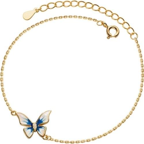 925 Sterling Silver Enamel Blue Butterfly Bracelets for Women Simple Zircon Adjustable Chain Bangles Fine Jewelry Girls Gifts