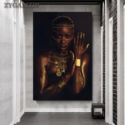 African Woman with Necklace Canvas Painting Black and Gold Women Poster and Prints Scandinavian Wall Art Picture for Living Room