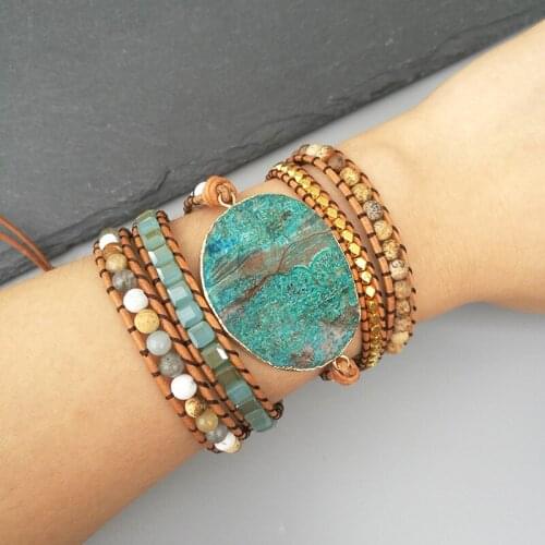 EDOTHALIA Trendy 5 Wraps Bracelet Ocean Stone Handwoven Bohemian Amazonite Stone Bead Leather Bracelet Boho Chic Jewelry