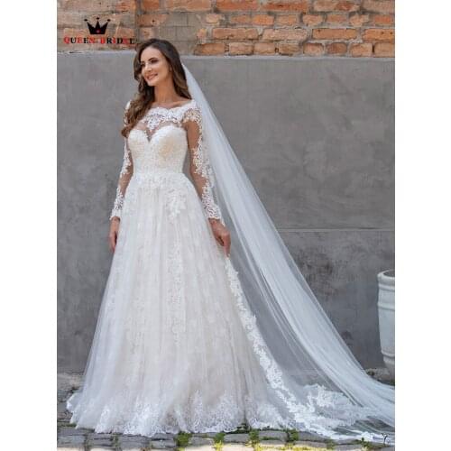 Elegant A-line Long Sleeve Tulle Lace Appliques Formal Wedding Dresses 2021 New Design Bride Dresses Custom Size BC10