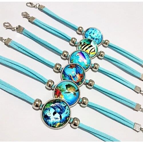Jiangzimei 24pcs/lot 20mm Marine animals, dolphins, sharks, grouper, octopus, turtles Glass Bracelet for Women Girl