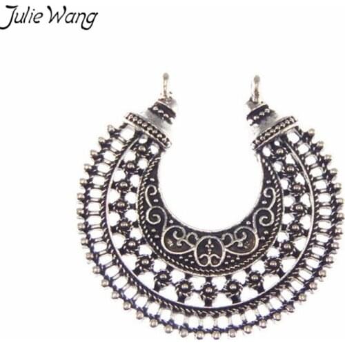 Julie Wang 12PCS Antique Silver Color Hollow Crescent Shape 2-Hole Pendant Charm DIY Necklace Exaggerate Dangle Earring Findings