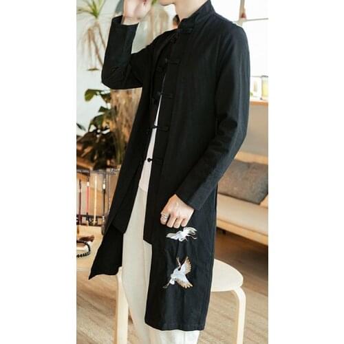 Black embroidery crane cotton&linen male tang suit martial arts suits robe men kung fu wing chun clothing gown spring&autumn