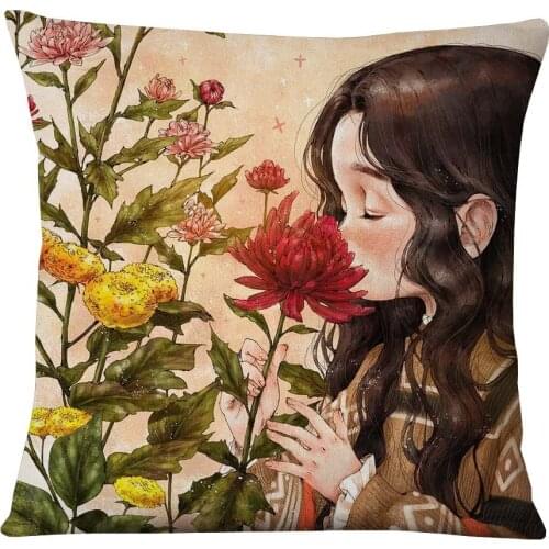Beautiful Girl Hand Painting Cushion Cover Beauty Portrait Beige Linen Pillow Case 27 Styles 45x45cm Pillowcase Sofa Decor