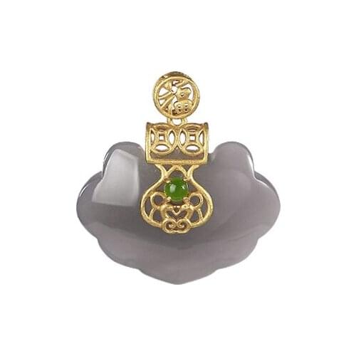S925 sterling silver gold-plated natural Hetian smoke mauve jade pendant vintage fu character Ruyi personality Lady pendant