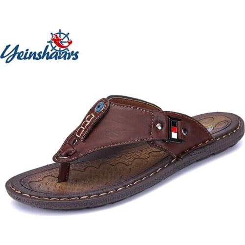 2021 New Brand Men Slippers Summer Beach Shoes Men Flip Flops High Quality Casual Sandals Leather Slip-On Breathable Sandalias