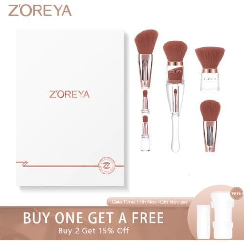 Zoreya 4 In 1 Makeup Brushes Set Synthetic Eye Shadow Contour Foundation Brush Cosmetic Tool Multifunction Travel Blush Box Gift