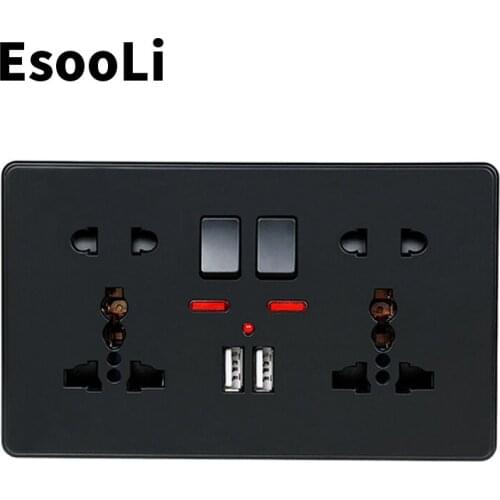 EsooLi 146mm*86mm 2.1A Dual USB Charger Port LED indicator Wall Power Socket Double Universal 5 Hole Switched OutletPush button