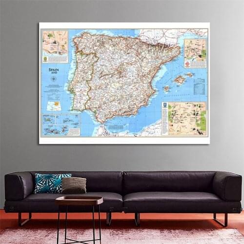 Non-woven Spain and Portugal Map Culture Education World Travel Maps Poster Canvas Paintings Vinyl Wall Stickers for Home Decor