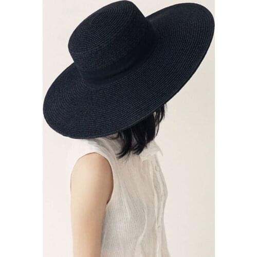New Vintage Summer Beach Black Top Hat Straw Grass Wide Brim Panama Hats For Women Men Casual Jazz Hat Luxury Fedora Anti-UV Hat