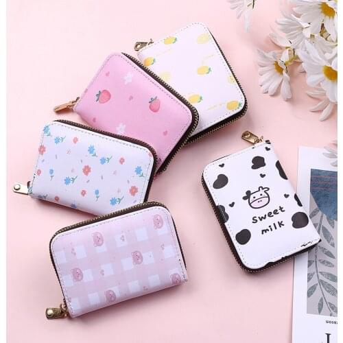 2021 Fashion Short Wallet Women Cute Print Cartoon Strawberry Bear Leather Purse Ladies Card Holder Girl Students Mini Coin Bags