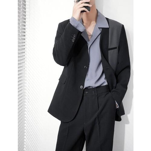 2021 Autumn Contrast Stitching Suit for Men Korean Casual 2 Pcs Set Wedding Collarless Suits Business Casual Groom Costume Homme