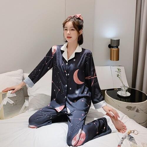 Pajamas Womens New Summer Ice Silk Thin Spring and Autumn Long Sleeve Pants Set Sweet Fashion Home Wear Ice Silk Pajamas