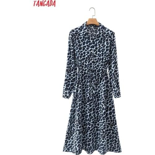 Tangada 2021 Fashion Women Blue Leopard Print Shirt Dress with Slash Vintage Long Sleeve Office Ladies Midi Dress 2M136