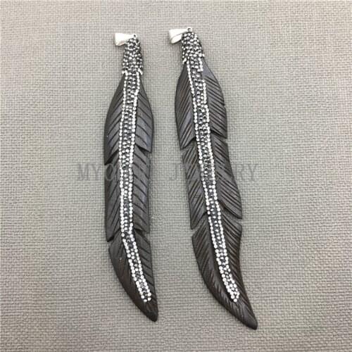 MY0468 Feather Shape Black Color Carved Bone Pendant,Long Leaf Paved Rhinestone Boho Necklace Making Pendant Charm