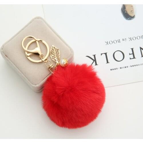 Fluffy Artificial Rabbit 8CM Imitated Rabbit Fur Ball Key Chain Pompons with Leaves for Women Car Bag Key Ring Jewelry EH1003A