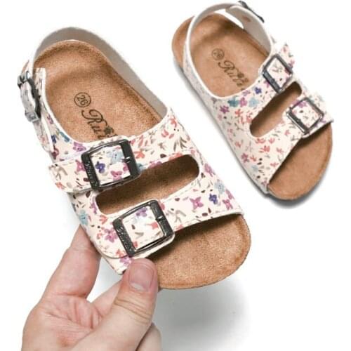 Baby Girls Shoes Summer Cork Sandals Infant Prewalker Double Buckle Band Shoes Child Floral Kawaii Flipflops Anti-Skid Sandalias