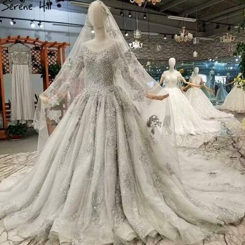 Serene Hill 2019 Grey High-end Long Sleeves Wedding Dress Luxury Sparkle Sequins Beadings Lace Bridal Gown 2020 Real Picture