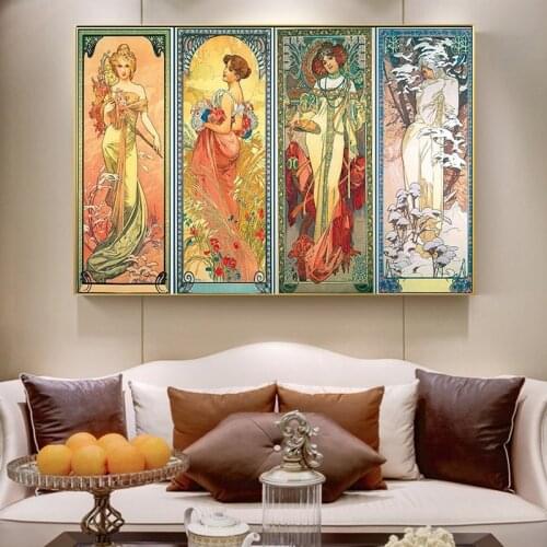 Alphonse Mucha Times of Day Vintage Posters and Prints Art Nouveau Woman Canvas Paintings Wall Art Pictures Home Decor Cuadros