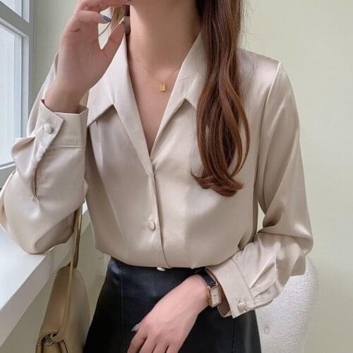 V-neck Satin Tops Women 2021 French Retro Shirt Free Shipping Items Clothes for Women Solid Long Sleeve Shirt Women Blusas 0990