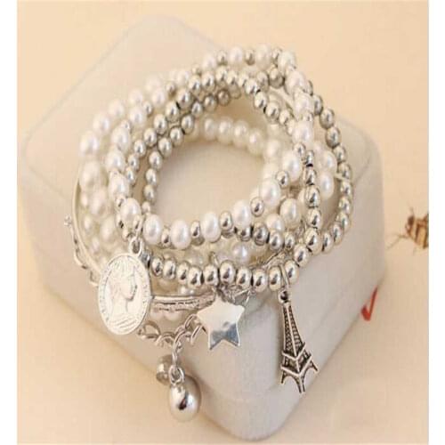 Womens Lady Simulated-pearl Chain Multilayer Pendant Bangle Eiffel Tower Bracelet Gift Vintage Pendant Bracelets Gift Jewelry