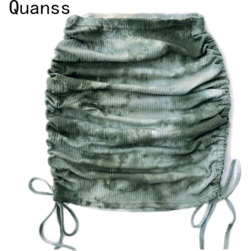 Quanss Tie Dye Knitted Draw String Bodycon Sexy Mini Skirt Women 2021 New Fashion Summer Elasticity Y2k Streetwear Club Skirts