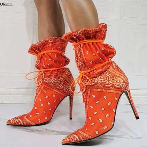 Olomm New Handmade Women Winter Ankle Boots Lace Up Stiletto Heels Pointed Toe Orange Black Party Shoes Women Plus US Size 5-15