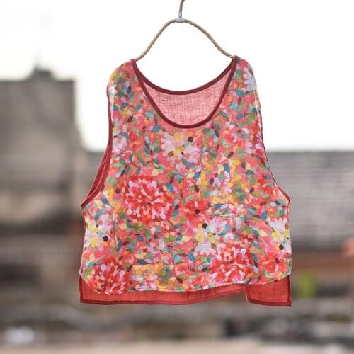 Women Loose Printed Ramie Tanktops Sleeveless Tops Ladies Vintage Plus Size Ramie Shirt 2020 Spring Summer Tanks