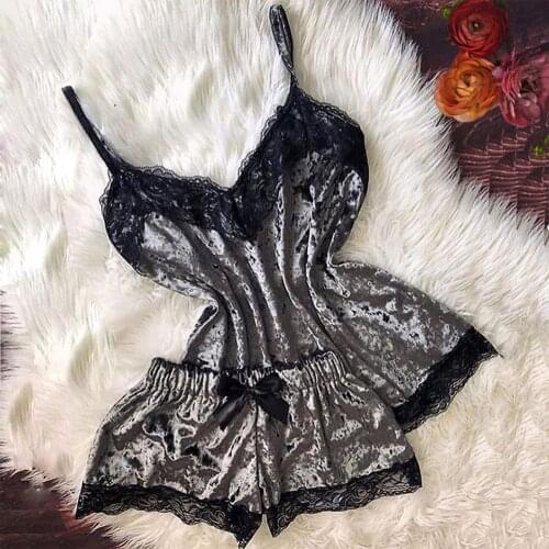Women Sling Nightwear Lace Dress V-Neck Mesh Summer Sleeping Top Bowknot Dye Printed Shorts Suit